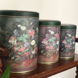Vtg Nesting Floral Tins Set of 3 Moody Botanical Bird Print Green Lids